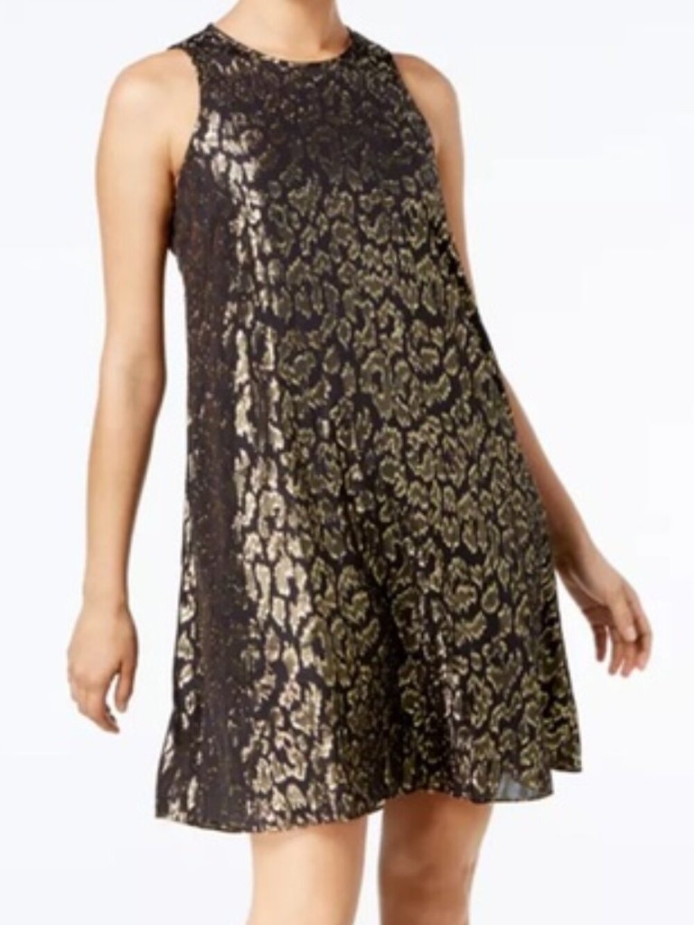 NWT Calvin Klein A Line Black Gold Animal Print Women's Chiffon Dress Size 12